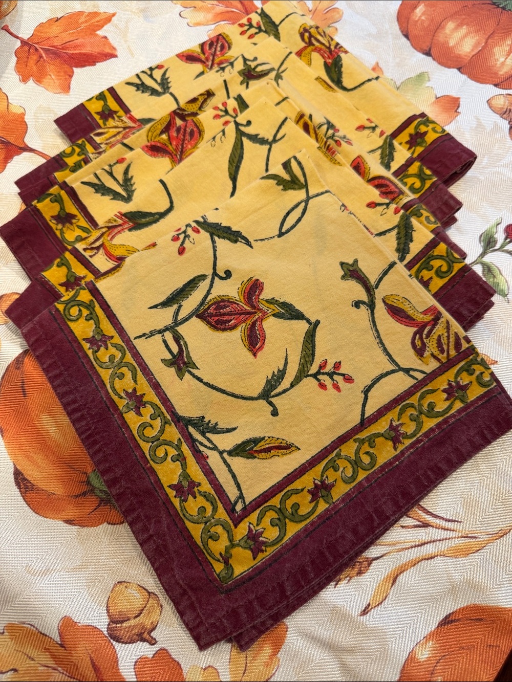 Printed Floral Napkins in Mustard Yellow with Burgundy Border set of 6